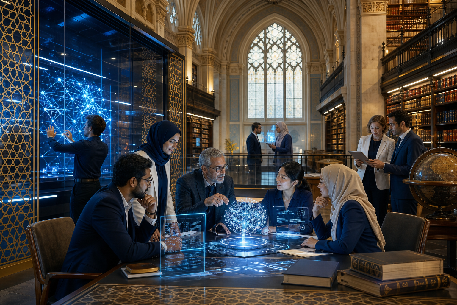 Diverse global scholars in AI lab and university library